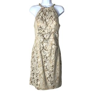 Eliza J lace dress with gold choker neck